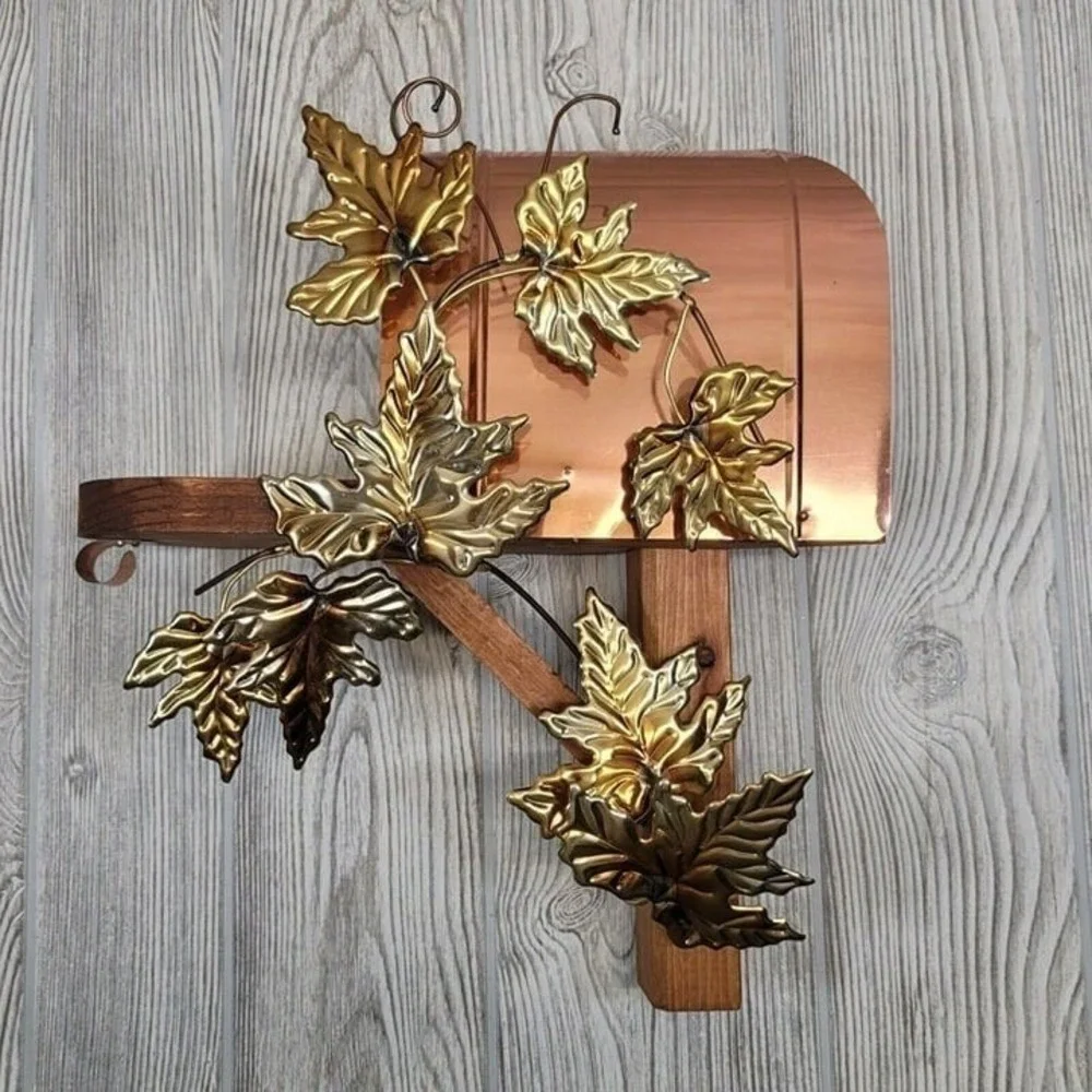 Mailbox Wall Sconce Shelf Copper Gold Autumn Maple Leaves Rustic Decor